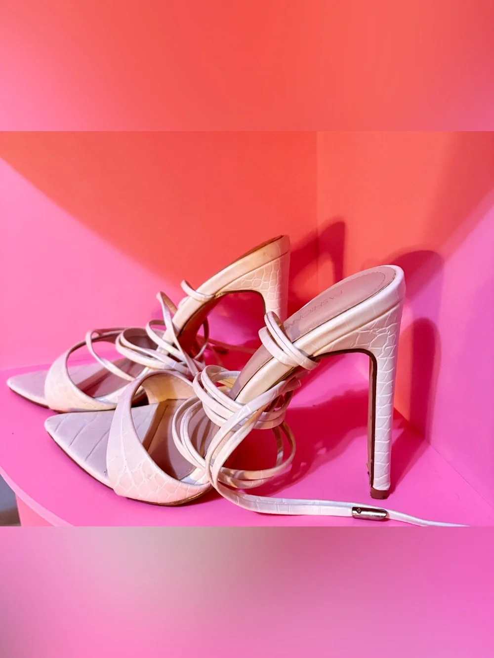 Fashion Nova Croc-Texture Strappy High Heel Sandals in Light Pink